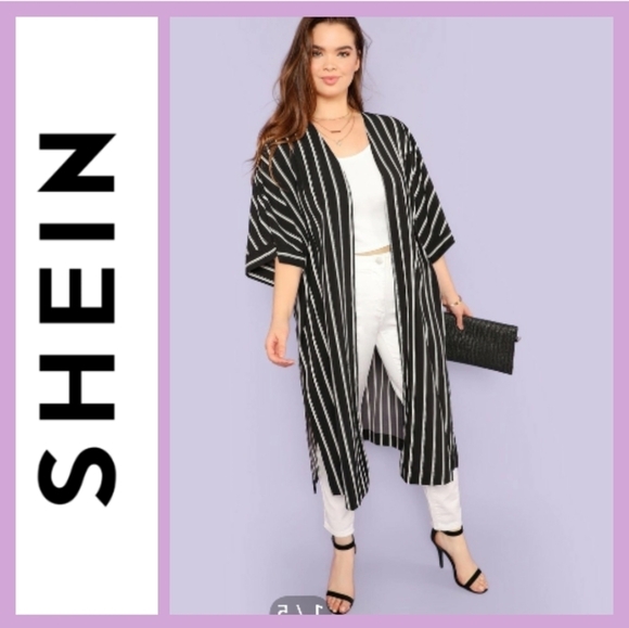 SHEIN Plus Bell Sleeve Split Side Striped Longline Kimono - Picture 1 of 12